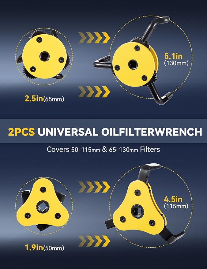 Oil Filter Wrench Set - Professional 2-Piece oil filter removal tool Kit for Cars, Trucks & Motorcycles, 3/8" & 1/2" Drive, Fits 1.9"-5.1" Filters