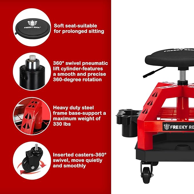 Rolling Shop Stool with Wheels, Heavy Duty Garage Work Mechanic Stool, Adjustable Height 22.44"-28.94", 360°Swivel Rolling Chair with Tool Tray Storage, 330 LBS Capacity, Red
