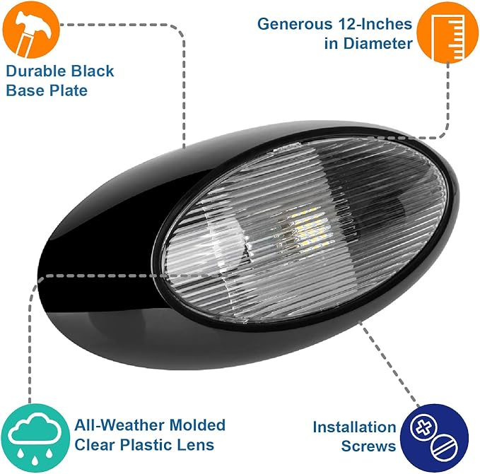 Lumitronics RV 12 Inch LED Oval Outdoor Exterior Scare/Porch Light - Clear Lens (Black)