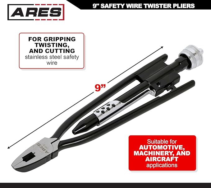 ARES 10010-9-Inch Safety Wire Twister Pliers – Durable Untwist Tool Grips, Twists, and Cuts Stainless Steel Safety Wire on Vehicles, Machinery, and Aircraft