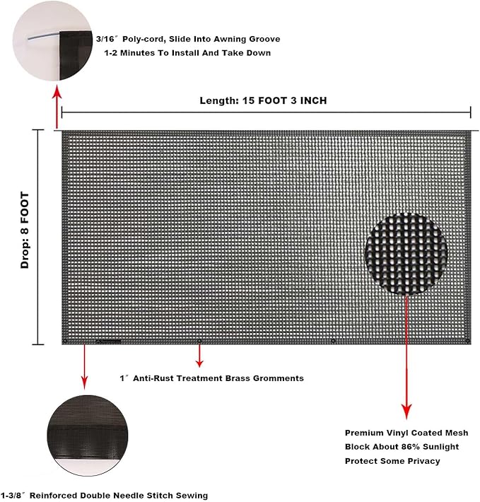 Tentproinc RV Awning Sun Shade Screen Sunshade 8' X 15' 3'' (Fit for 16' Awning)- Mesh Sunscreen Motorhome Camper Trailer Awning Shade Screen UV Blocker Completed Kits - 3 Year Warranty (Black)