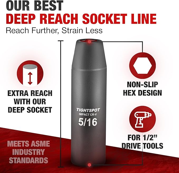TIGHTSPOT 1/2 Inch Drive - 5/16 Inch Deep Impact Socket with Anti-Rounding 6 Point Design, Heat-Treated CRV Steel