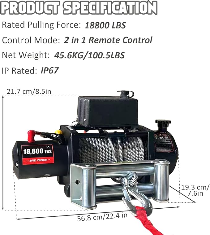 Chic Muse 18800lbs Electric Vehicle Winch, Waterproof IP67 80ft Steel Cable Truck Winch with Wireless Handheld Remote, 12V Power Winch for Towing UTV Off Road Vehicle
