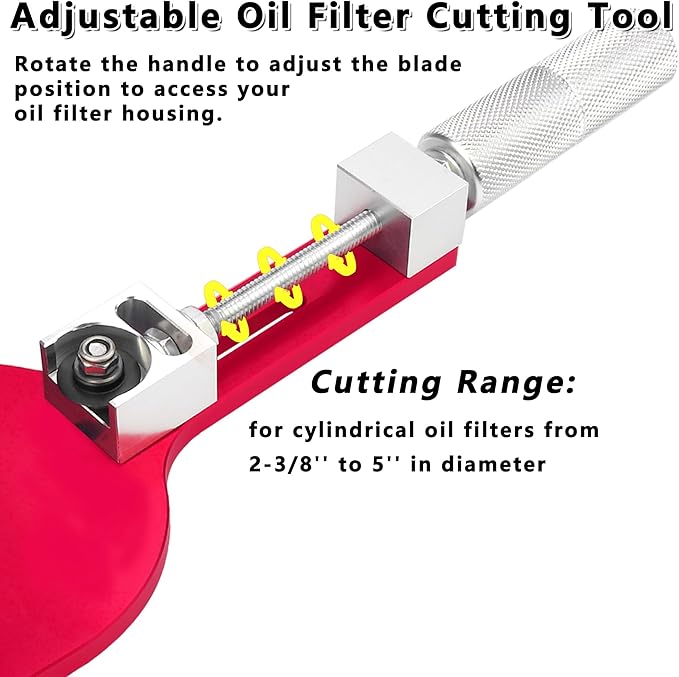 77750 Oil Filter Cutter 2-3/8" to 5" Oil Filter Cutting Tool Oil Filter Opener to Inspect What The Filter Catches Universal Adjustable Metal Can Cutting Tool with a Spare Blade, Aluminum, Red