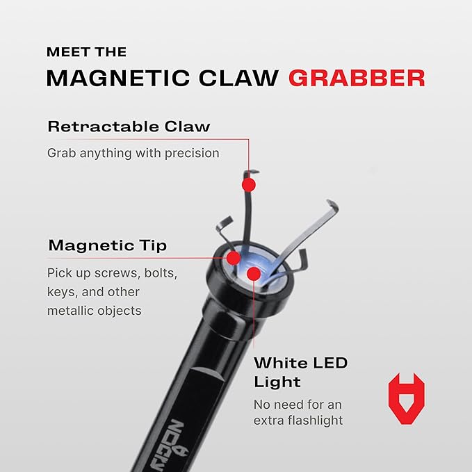 NoCry Magnetic Flexible Claw Grabber Pickup Tool with Bright LED Light - 27.7in Long Magnetic Pickup Tool, Retractable Claw Grabbing Tool, Magnetic Grabber Tool with 5lb Pull Strength Pick Up Tool
