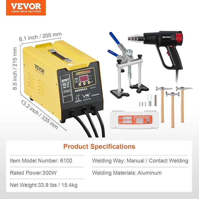 VEVOR Spot Welder Dent Puller, 300W Stud Welder Dent Repair Kit with Heat Gun, Auto/Manual Welding Mode, 110V Auto Body Spot Welding Dent Repair Machine for Aluminum Car Body Panels Repair