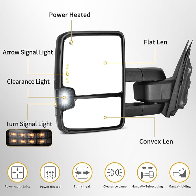 DWVO Tow Mirrors Compatible with 2014-2018 Sierra Silverado 1500 2500HD 3500HD, Side Mirrors with Heated PowerFolding LED Turn Signals Clearance Light Telescoping