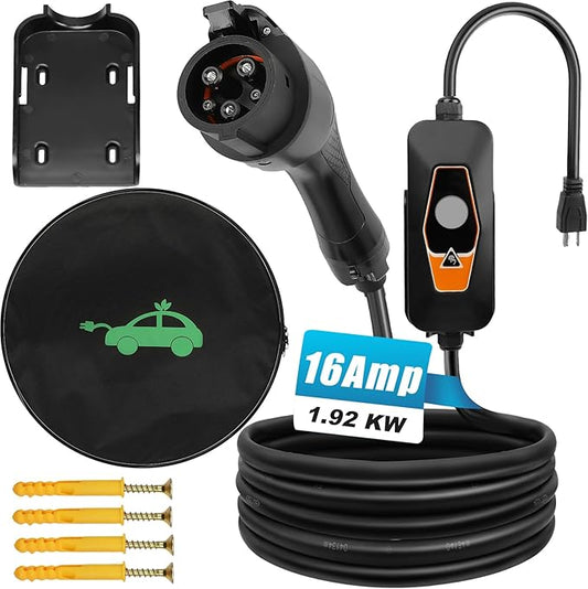 Portable EV Charger Level 1, 16Amp 120V, Electric Vehicle Charger with 16.5FT Cable, NEMA 5-15 Plug, Portable Electric Car Charger, Compatible with SAE J1772 Evs