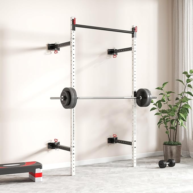 Soozier Folding Squat Rack with Adjustable Pull-Up Bar, 1000 Pounds Capacity Wall Mounted Power Rack, Adjustable Barbell Rack with J Hooks for Home Gym Full Body Workout