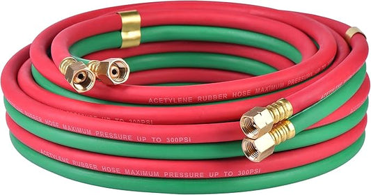 Oxygen Acetylene Twin Welding Hose 1/4" × 25FT - 300 PSI Red & Green Torch Hose with 9/16"-18 B Fittings Grade R for Gas Welding Cutting & Brazing