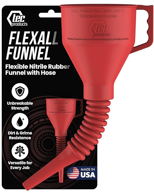 TEC Products FlexAll Long Flexible Funnel for Automotive Use - Durable Nitrile Rubber - Ideal for Car Oil Change, Transmission Funnel Fluid, Diesel, Fuel, Gas - Made in USA - Red (12 x 4 Inches)