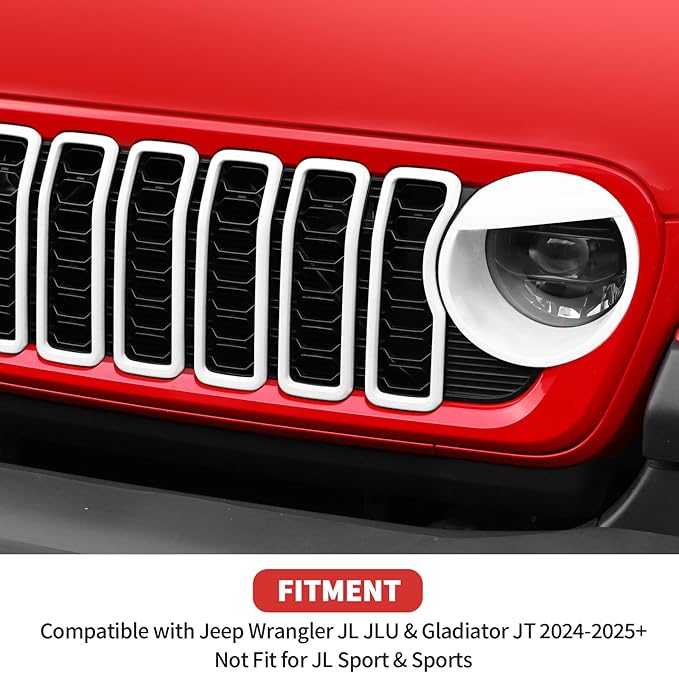 Front Grill Insert+ Headlight Bezels Cover Kit Compatible with 2024-2025+ Jeep Wrangler JL JLU & Gladiator JT, Not Fit for JL Sport & Sports(Wihte,Style A)