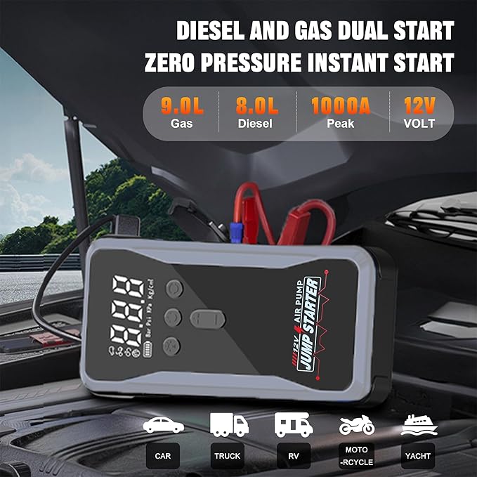Car Battery Jump Starter with Air Compressor,2000A Peak Battery Jumper Starter Portable with 150PSI Tire Inflator, 12V Jumper Cables(9L Gas/8L Diesel) Jumpbox, LCD Display,LED Light, USB Quick Charge