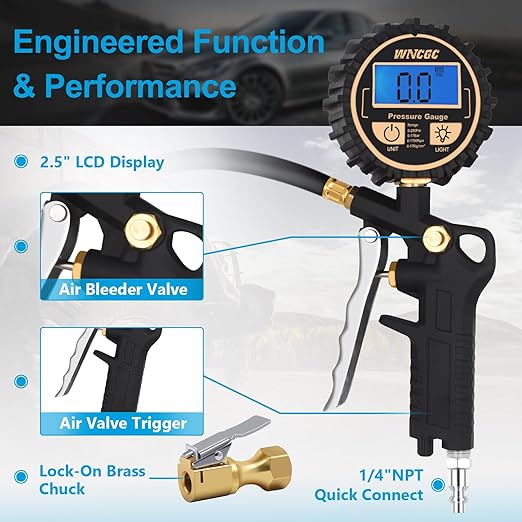 Digital Tire Pressure Gauge with Inflator, 250PSI Air Chuck Compressor Accessories with Quick Connect Coupler Heavy Duty Tire Inflator Gauge, 0.1 Display Resolution for Truck,RV, SUV