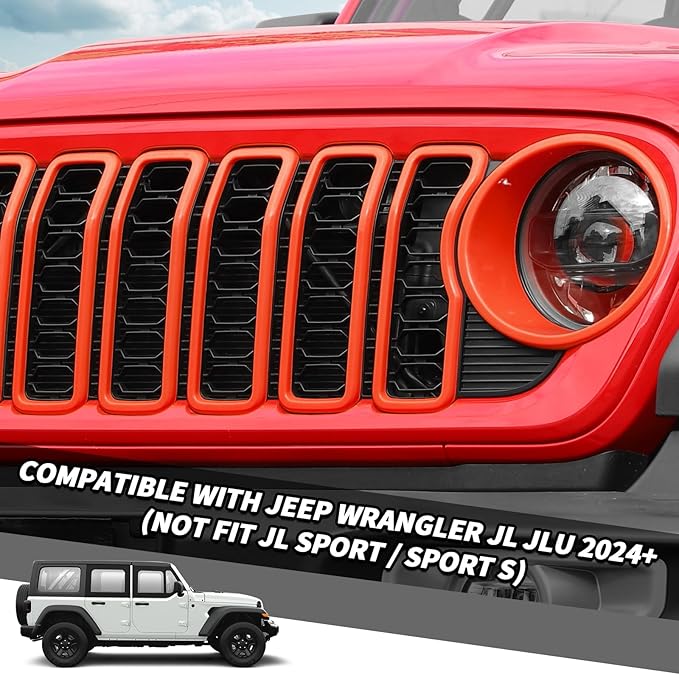 Jimen for 2024 Jeep Wrangler 4xe grill inserts, 9PCS Headlight Cover & Grille Insert Compatible with Jeep Wrangler JL JLU 2024+, NOT FIT JL Sport/Sport S (Orange)
