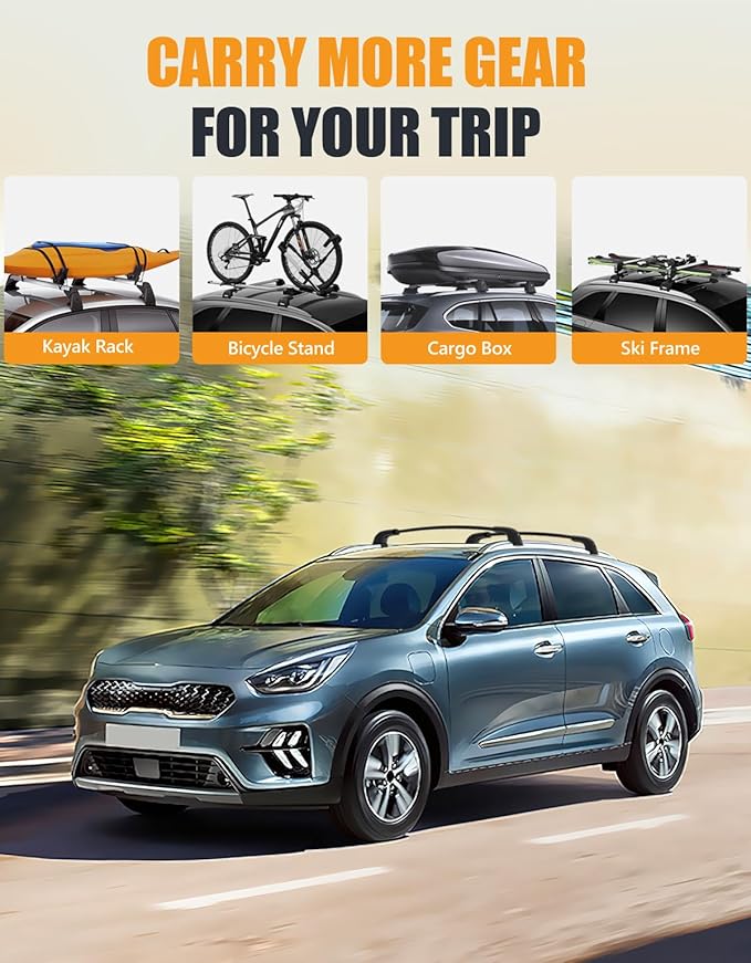 KINGGERI 220lbs Lockable Roof Rack Cross Bars Compatible with Kia NIRO 2017 2018 2019 2020 2021 2022 with Flush Side Rails, Heavy Duty Aluminum Roof Rails Crossbars Rooftop Cargo Carrier Luggage Black