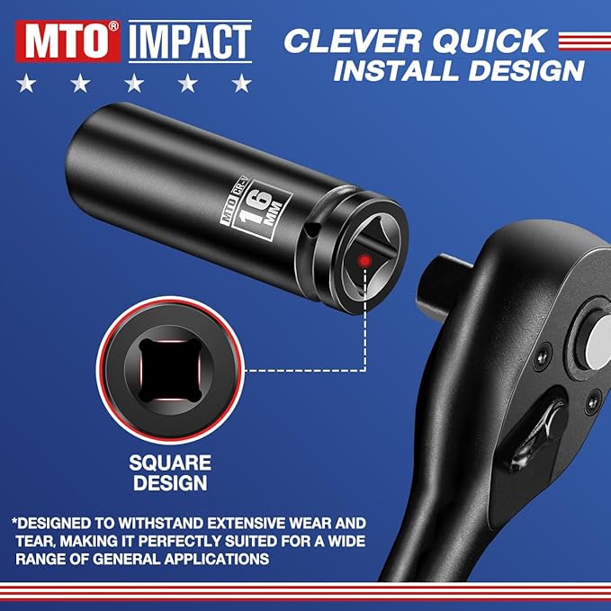 MTO 1/2" Drive 16mm Deep Impact Socket, 6-Point Metric Socket for Automotive Maintaince, CR-V Steel Meets ANSI Standards