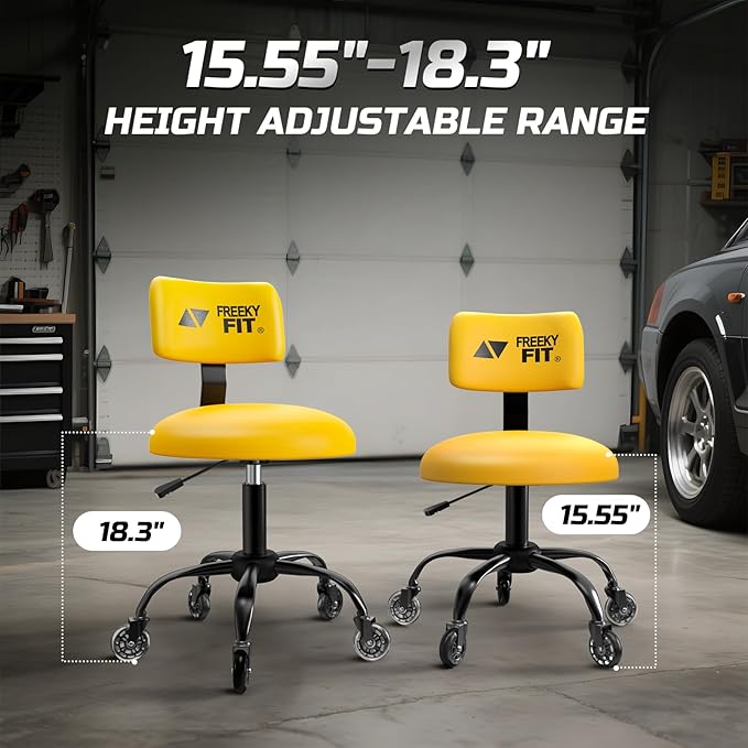 Rolling Shop Stool with Wheels,Mechanic Garage Stool Chair with Adjustable Height 15.55"-18.3",Heavy Duty Swivel Roller Seat for Garage,Salon and Tattoo Beauty, Yellow