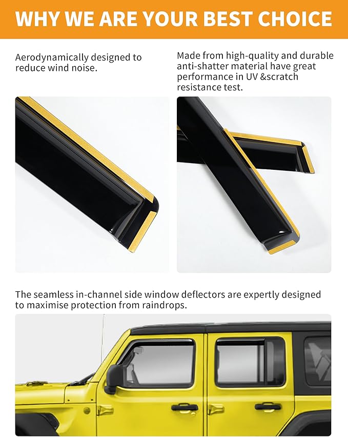 in-Channel Window Rain Guards Fit for Jeep Wrangler JL 2018-2026/Gladiator 2020-2026 Extra Durable Rain Guards Window Deflectors Vent Visors Vent Shades Visor Car Accessories