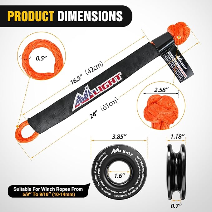 Nilight Synthetic Soft Shackle & Recovery Ring Kit 1/2inch x 24inch Soft Shackle (56,000 LBS Breaking Strength) with Snatch Ring (46,000 LBS MBS) for 4x4 Truck SUV ATV Off Road, 2 Years Warranty