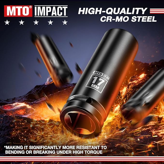 MTO 1/2" Drive 17mm Deep Impact Socket, 6 Pt. Metric Socket, CR-MO Steel & Anti-Corrosion Coating for Heavy-Duty Use