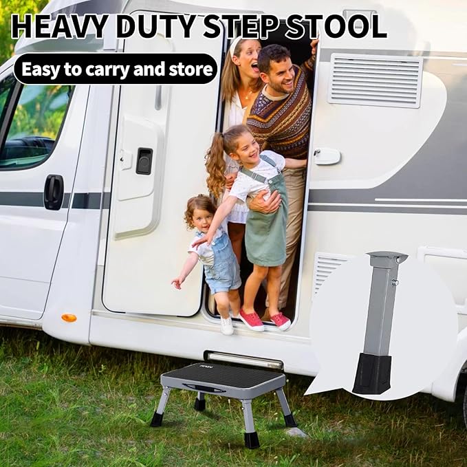 RV Step Stool Foldable 1-Step Ladder Sturdy Metal Stable Step Stool with a Non-Slip Platform Supports up to 500 lb with Non-Slip Rubber Feet, Easy to Carry
