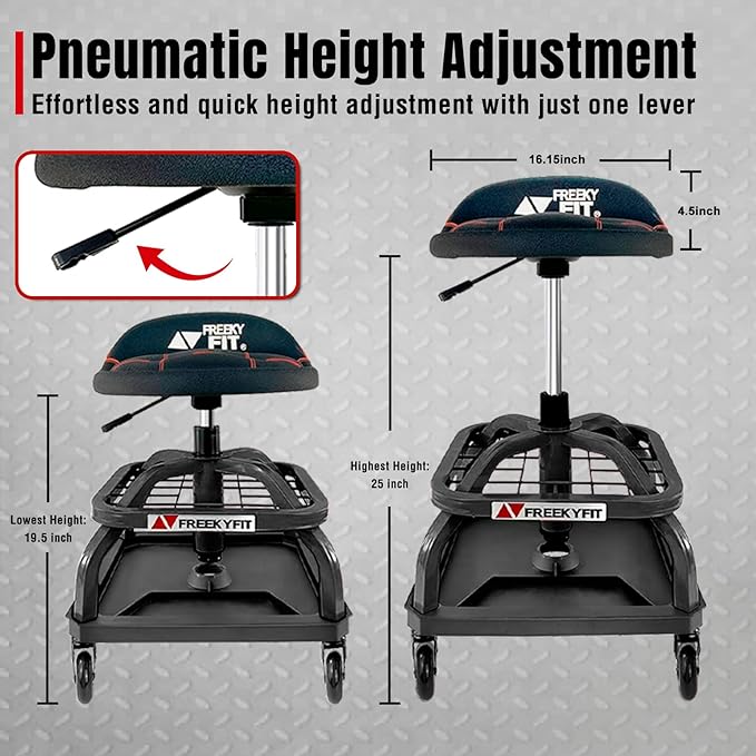 Rolling Shop Stool with Wheels, Garage Work Mechanic Stool with Backrest, Roller Mechanic Chair, Adjustable Height, 360° Swivel, Tool Tray Storage, 330 LBS Capacity, Heavy Duty, Black