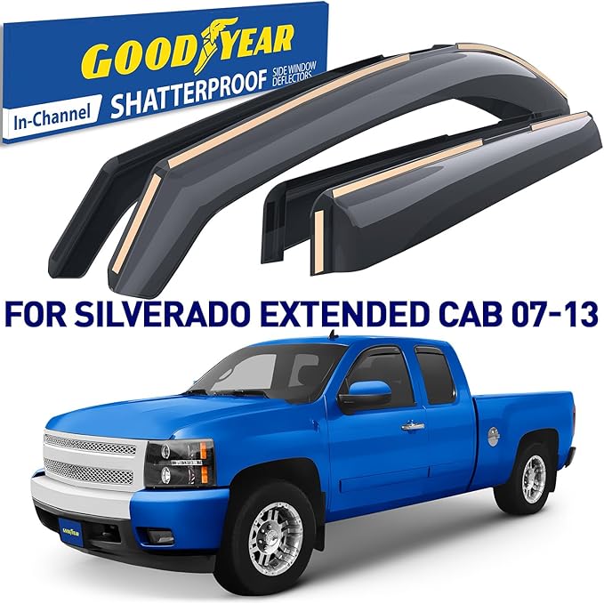 Goodyear Shatterproof in-Channel Window Deflectors for Trucks Chevy Silverado/GMC 1500 Sierra 2007-2013 Extended Cab, Rain Guards, Window Visors, Vent Deflector, Truck Accessories, 4 pcs- GY003418LP