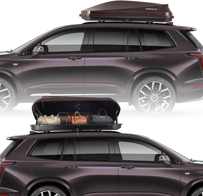 Rooftop Cargo Box Carrier Large 14 Cubic Feet Car Top Mount Travel Luggage Storage, Dual Side Opening, Heavy Duty Waterproof Rooftop Storage Box Extra Keys, Straps (Brown)