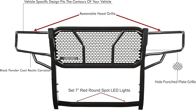 Black Horse RUGGED HD Grille Brush Bumper Guard Modular Black Come With pair of 7.0"LED Lights with Red Trim Rings Compatible with 2019-2025 Dodge Sprinter-Benz Sprinter 1500/2500/3500-RU-DOSP19-B-PLR