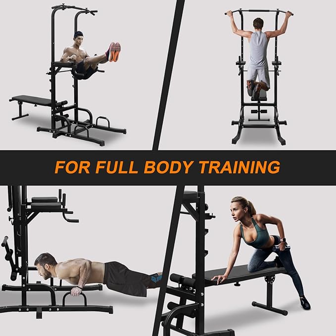 Pull Up Bar Station Adjustable Power Tower for Home Gym Strength Training Dip Stands with Bench