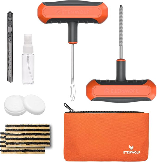 ETENWOLF Flat Tire Repair Kit with Plugs 16 Pcs, Heavy Duty Tire Plug Kit for Car, Motorcycle, ATV, Jeep, Truck, Tractor (Vivid Orange)