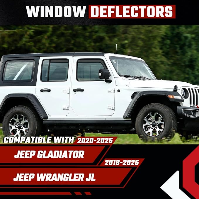 in-Channel Rain Guards Fit for Jeep Wrangler JL 2018-2025 Black Extra Durable Shatterproof Side Window Deflectors Fit for Jeep Gladiator 2020-2025, Window Visors, Wind Deflectors - 4 PCS
