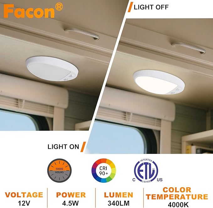 Facon 2Pack 12V DC RV Interior Light with PIR Motion Sensor & 3-Way Switch - Small Oval Pancake Ceiling Dome Light, 4000K Cool White, ETL Listed for RV, Motorhome, Camper, Boat