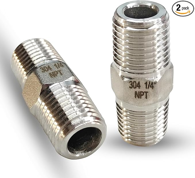 1/4" Male x 1/4" Male Hex Nipple Pipe Fittings, 304 Stainless Steel 1/4 inch NPT Male Threaded Pipe Adapter Fittings Equal Nipples Connectors, Male Straight Connector Pipe Fitting (1/4“, 2pcs)