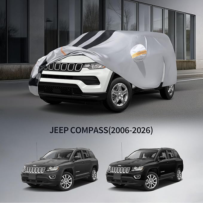 10 Layers Car Cover Custom Fit for Jeep Compass 2006-2026 100% Waterproof All Weather Automobiles, Gift with Towel, Heavy Duty Car Covers for Rain Sun UV Protection with Door Zipper.