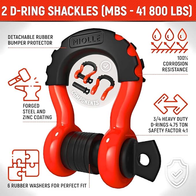 MiolleGear Tow Strap 3”x20’- 33400lbs MBS (Lab Tested) Recovery Strap Kit Includes: Tow Rope, 2 D-Ring Shackles MBS-41800LBS, Storage Case