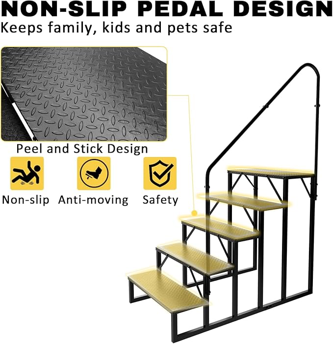 RV Steps with Handrail, Hot Tub Steps Outdoor, 5 Step Ladder Stool, RV Stairs with Anti-Slip Panel, Camper Steps for Spa, Travel Trailers, Pool and Porch