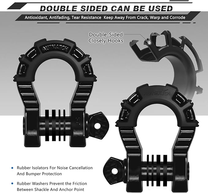 AUTMATCH D Ring Shackles 3/4" Mega Shackle (2 Pack) 68,000Ibs Break Strength - Heavy Duty Clevis Shackles with 7/8" Screw Pin and Isolator Washer for Tow Strap Winch Off Road Vehicle Recovery, Black
