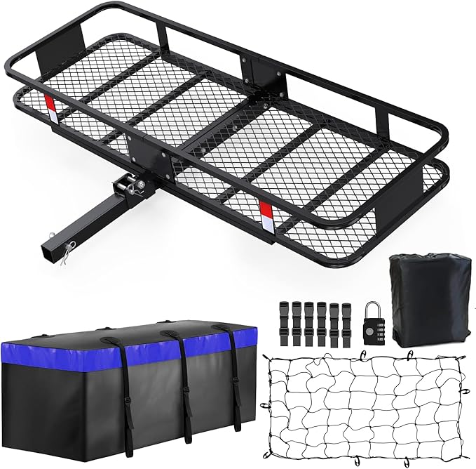 FORWODE 550 LBS Hitch Mount Cargo Carrier Basket, 60"x24"x6" Foling Hitch Cargo Carrier Rack + Waterproof Cargo Bag 20 Cubic Feet(58"x24"x24") and Cargo Net