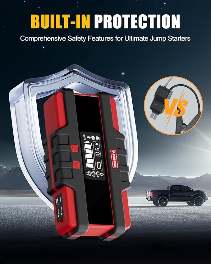 PJS06 Pro 6000A Car Jump Starter (All Gas & 12L Diesel), 74Wh Portable Power Bank with 40W Fast Charge, Smart LCD Voltage Display, Large Screen Warning Light, 10-Safety Protections