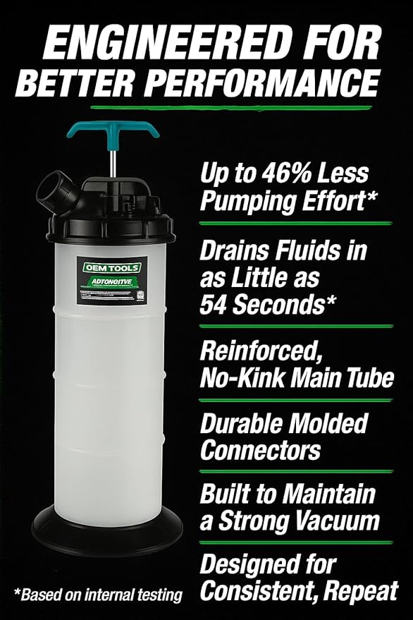 OEMTOOLS 24389 Manual Fluid Extractor Pump, 1.4 Gallon (5.3L) Oil Extractor Pump Capacity, Use for Oil, Coolant, and Transmission Fluid, 2 Dipstick Adapters, 5ft Hose
