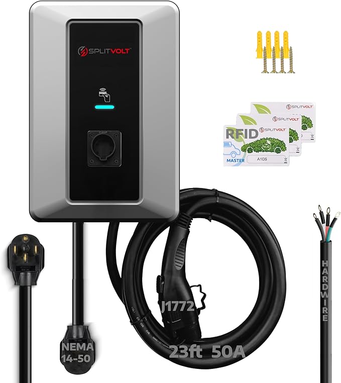 Splitvolt Level 2 EV Charging Station, Indoor/Outdoor 50A (Hardwired) charging/40A (NEMA 14-50), RFID Authentication, US Support, 23ft Cable, J1772