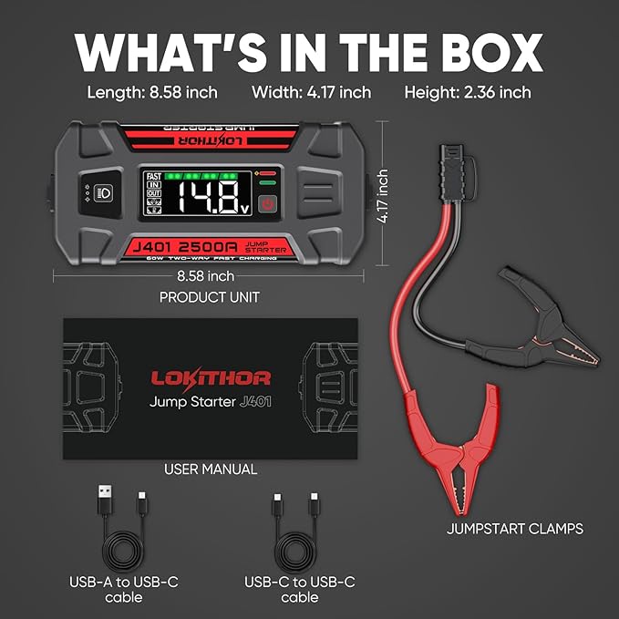 LOKITHOR J401 Car Battery Jump Starter, 2500A Battery Jumper Starter Portable, 12V Jump Box, Jumper Cables for Upto 8.5L Gas and 6.5L Diesel Engines, 60W Fast Charging, Smart Digital Screen LED Light