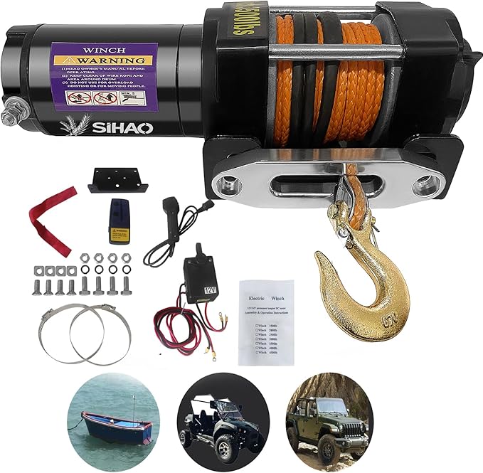 Electric Winch, Truck Winch, Waterproof Electric Winch Kit with Wireless Remote & Hawse Fairlead for Truck Jeep SUV Boat car (3500 lb)