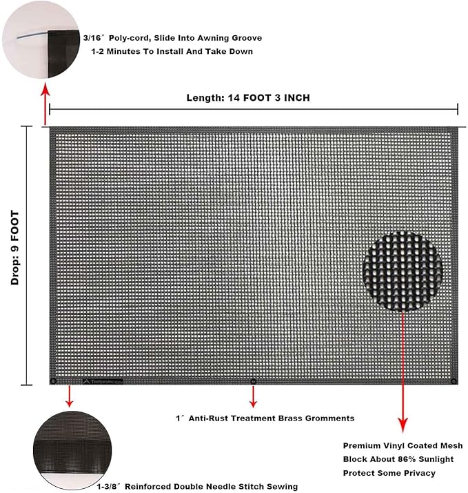 Tentproinc RV Awning Sun Shade Screen 9' X 14' 3'' (Fit for 15' Awning) Mesh Screen Sunshade for Motorhome Camping Trailer Awning Shadescreen UV Blocker - 3 Year Warranty (Black)