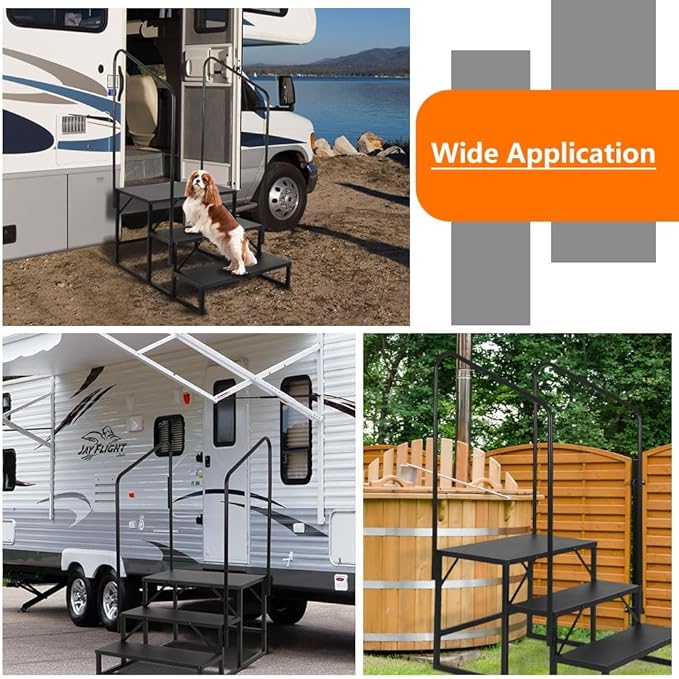 LUCKUP 3 Step RV Stairs with Handrails- Non Slip Hot Tub Steps Portable Mobile Home Stairs for RV, Travel Trailer, Camper Outdoor (Black)