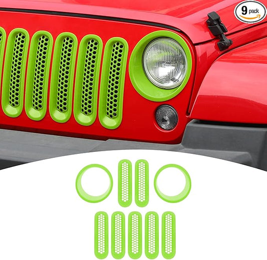 for Jeep JK Front Grille Inserts & Headlight Cover Trim Ring for Jeep Wrangler JK JKU 2007-2017 Green Exterior Accessories 9pcs