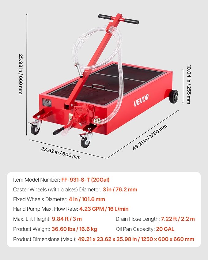 VEVOR Low Profile Oil Drain Pan, 20 Gallon Capacity, Rolling Oil Drain Pan with Manual Pump, 7.2 ft Hose & T Folding Handle, Leak-Proof & Corrosion-Resistant, Fit for Cars, SUVs, Trucks, ATVs, Red