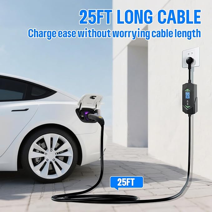 Level 2 Ev Charger for Tesla,NACS Ev Charger with 25ft ETL Listed Cord,6A-40A Adjustable Amps,40A 9.6KW Fast Charging(110v-240v),NEMA 14-50 Plug,IP66 Waterproof Delay Timer LCD Display